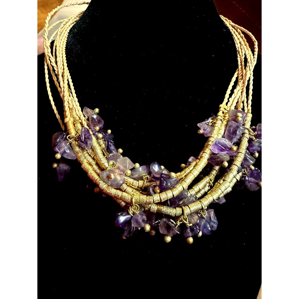 Multi-Strand Chorded Necklace with Amethyst Chips Gold-tone Bugle Beads